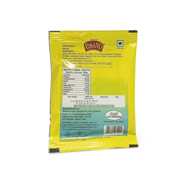 Green Chilli Pickle 30g x 10 trial packs (Hari Mirchi ka Aachar)